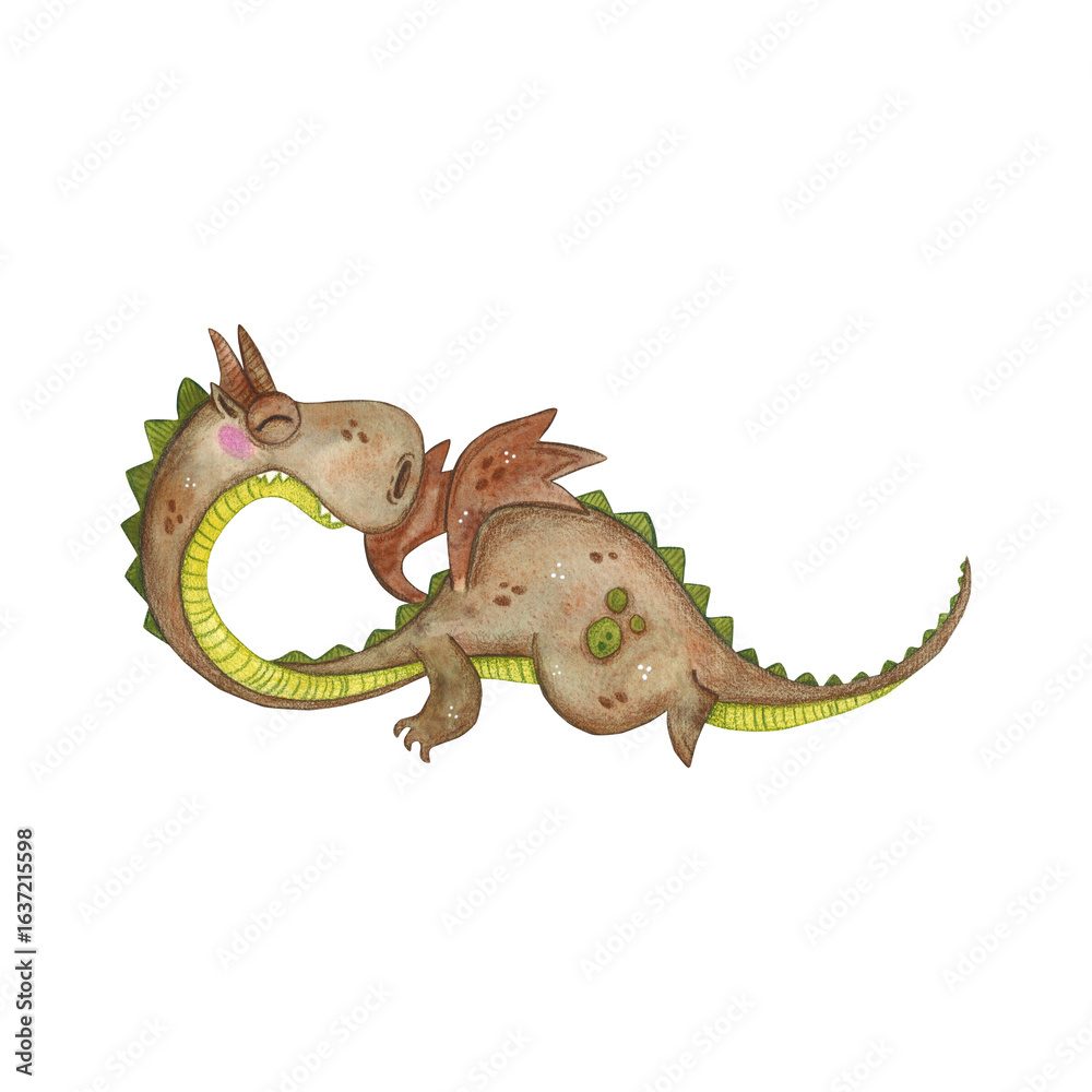 Fototapeta premium Fairytale dragon in flight, brown with a green belly. Watercolor illustration hand drawn, cartoon. Drawing for stickers, posters, cards, prints, children's books