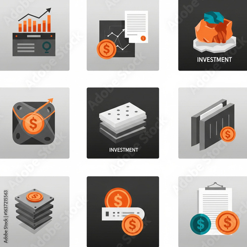 Finance / Investment Items Icon Set (Color). A Set of Color Icons Themed Around Investment and Finance with Graphs, Money, Book, House, and Piggy Bank. Investment, Finance, Business, Savings, Assets, 