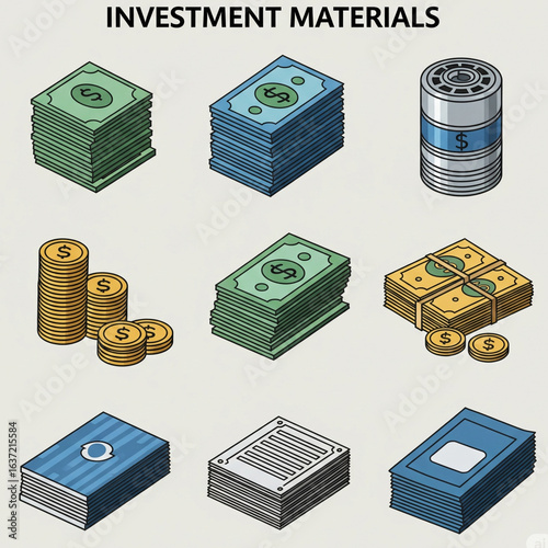 Investment-related Items Icon Set (Color). A Set of Color Icons Themed Around Investment, including Money, Documents, and Tools. Investment, Finance, Business, Economy, Data, Assets.
