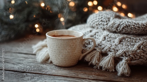 Wallpaper Mural A cozy scene featuring a steaming cup of coffee beside a knitted blanket, with soft, twinkling lights in the background. Torontodigital.ca