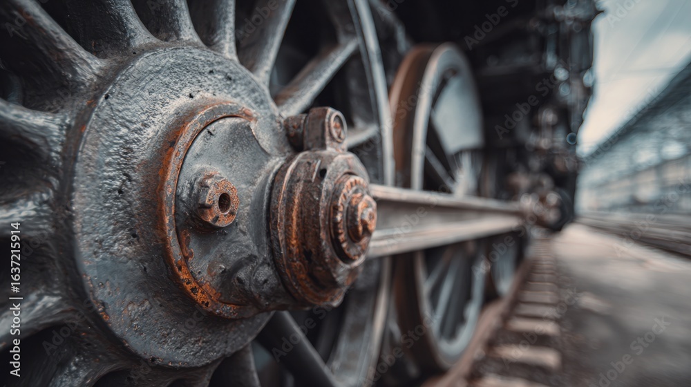 A close-up view of a rusty train wheel, showcasing intricate details of metal and bolts, set against a blurred background of train tracks. A close-up view of a rusty train wheel, showcasing intricate details of metal and bolts, set against a blurred background of train tracks.