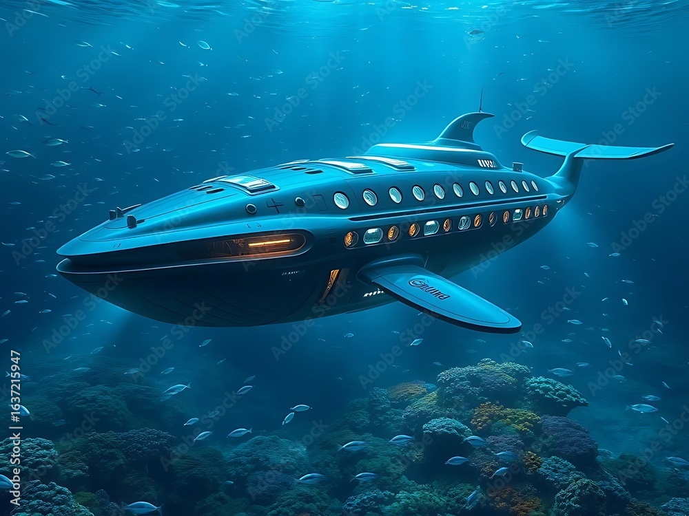 Fototapeta premium A futuristic submarine resembling a whale cruises through the ocean depths near a coral reef