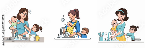 Cartoon Modern Mother Multitasking with Children at Sink Illustration Set