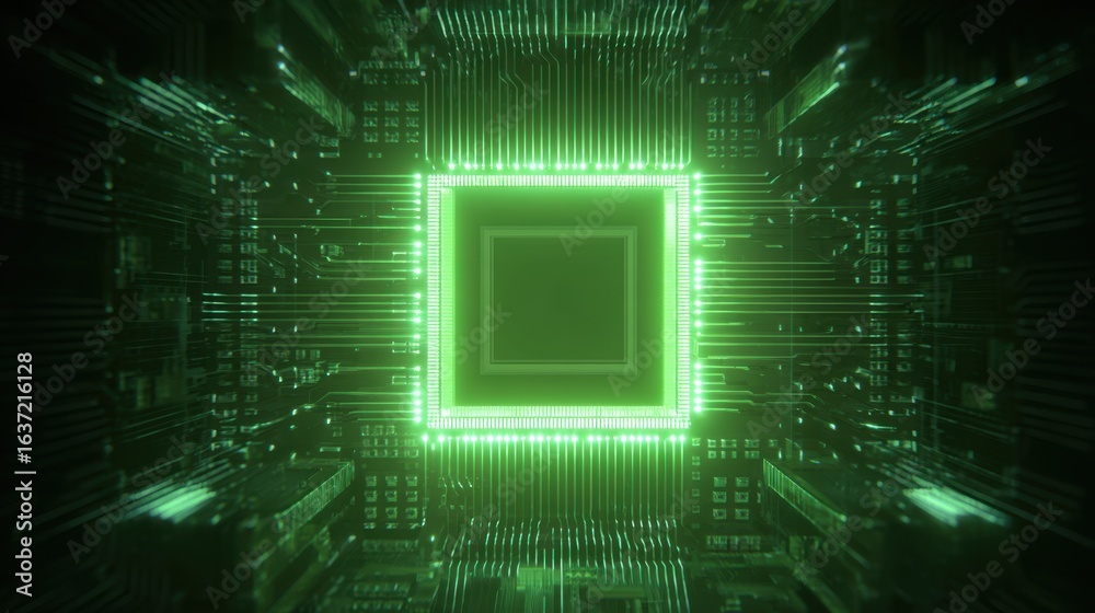 Obraz premium A futuristic microchip surrounded by glowing green circuitry, illustrating advanced technology and digital innovation.