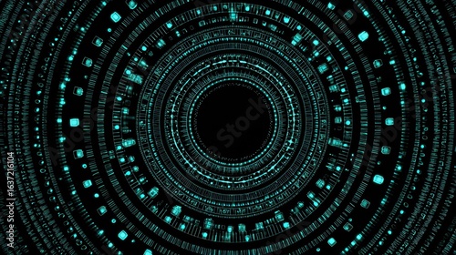 Wallpaper Mural An abstract image featuring concentric circles of glowing teal data patterns against a black background, suggesting themes of technology and digital information. Torontodigital.ca