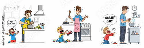 Cartoon Father Cooking While Child Crying Illustration In Kitchen Setting