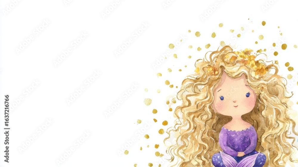 Fototapeta premium A whimsical illustration of a girl with curly hair surrounded by golden sparkles, evoking a magical and serene atmosphere.