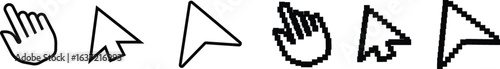 A set of hand and cursor line icons, featuring different styles of a hand with a pointing finger and a standard arrow cursor for user interface and web design.