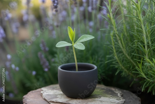 Young seedling growing in a dark pot on a stone