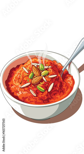An appetizing illustration of traditional Indian Gajar Halwa, a sweet carrot pudding, served hot in a white bowl with a spoon and garnished with almonds and pistachios.