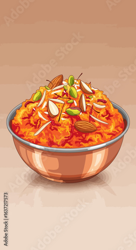A vibrant illustration of a traditional Indian dessert, garnished with nuts, in a copper bowl.