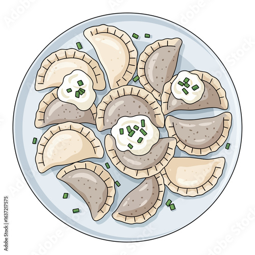 Overhead view of a plate filled with cooked pierogies, topped with sour cream and chives.