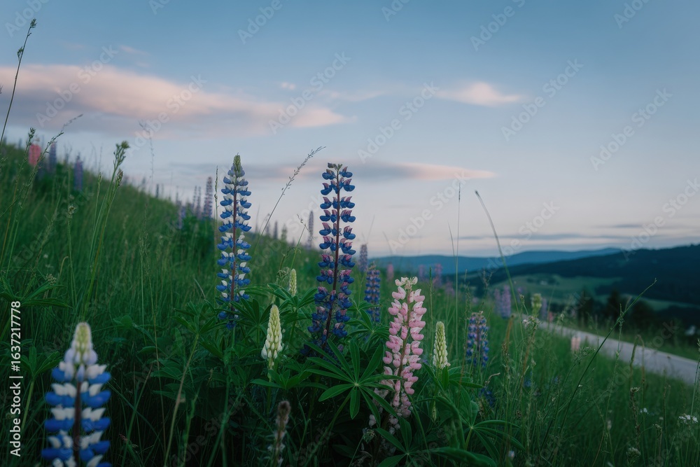 Obraz premium Lupine wildflowers bloom on a grassy hillside at dusk