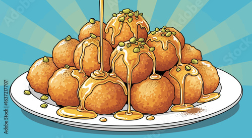 A plate piled high with golden, sweet, honey-drizzled balls, topped with pistachios.