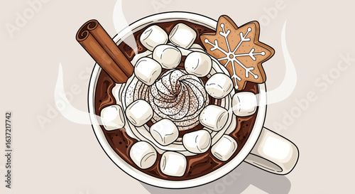 Top-down view of a mug filled with hot chocolate, topped with marshmallows, whipped cream, cinnamon stick, and a gingerbread snowflake cookie.