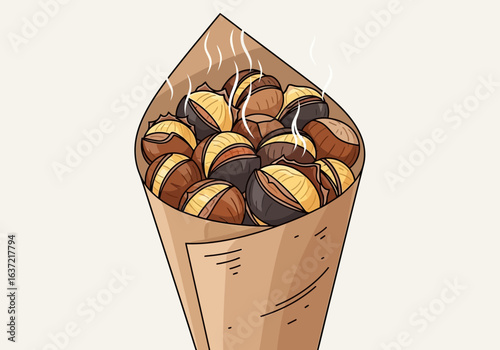 A hand-drawn illustration depicts a paper cone filled with roasted chestnuts, steaming gently.