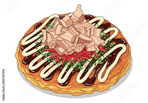 A delicious and appetizing illustration of a Japanese okonomiyaki, a savory pancake topped with bonito flakes, sauce, and mayonnaise.