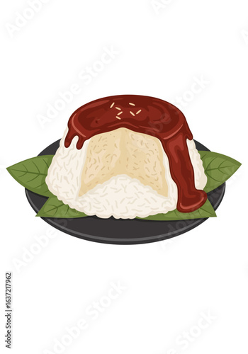 A delicious serving of fluffy white rice molded into a dome, generously topped with a rich, dark sauce and garnished with green leaves on a black plate.