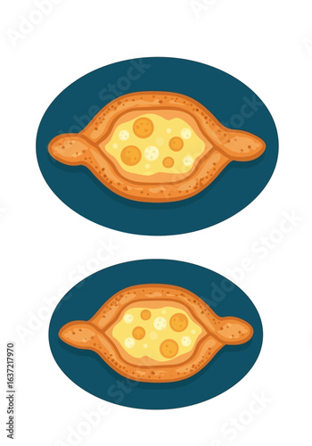 Two stylized illustrations of Khachapuri, a traditional Georgian cheese-filled bread, presented in an oval frame.