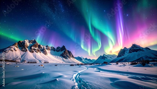 Stunning aurora borealis over a snowy landscape