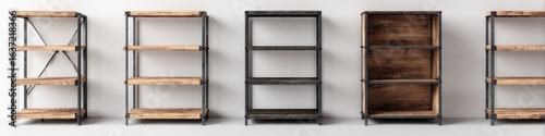 Multiple wood and metal shelves, various styles