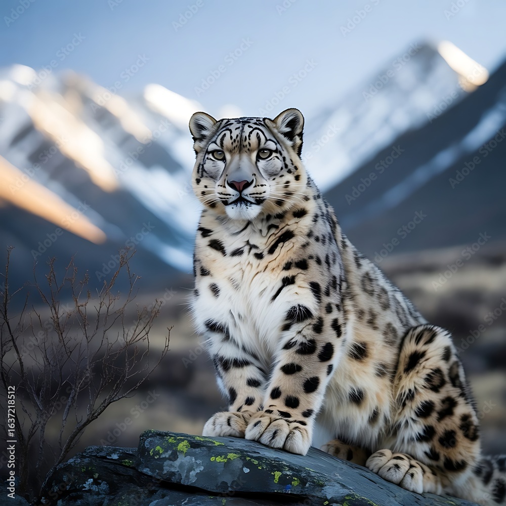 Obraz premium Snow leopard perched on a rock with mountains in the background looking directly at the viewer calmly