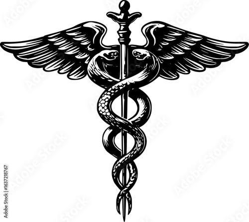 Caduceus Medical Symbol – Black & White Vector Icon, Isolated