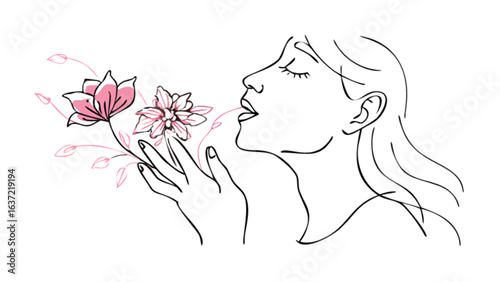 Woman smelling pink flowers line art vector illustration for beauty and wellness design projects use 100