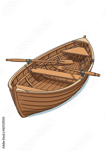 A detailed illustration of a wooden rowboat, featuring oars, seats, and a symmetrical design, ready for use.
