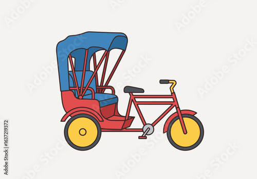 Illustration of a red and yellow rickshaw with a blue canopy on a white background.