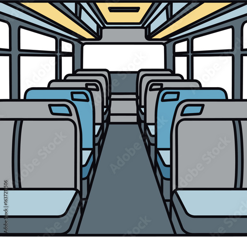 Empty shuttle bus interior view, rows of seats, aisle, overhead lights.