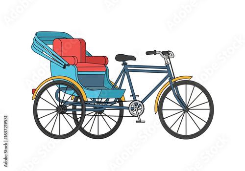 Colorful illustration of a classic rickshaw, a three-wheeled passenger vehicle.
