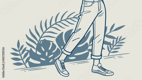 Walking in style casual fashion illustration with jeans and sneakers tropical leaves background vector art