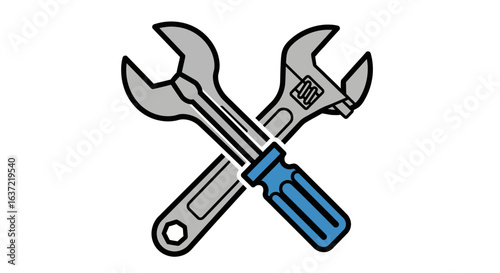 A graphic icon of a crossed wrench and adjustable spanner, symbolizing tools, repair, and maintenance work.