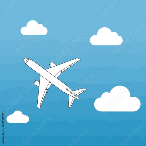 A white passenger airplane flies high in a bright blue sky among simple, fluffy clouds.