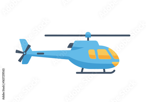 A simple flat illustration of a light blue helicopter with yellow windows, isolated on a white background.