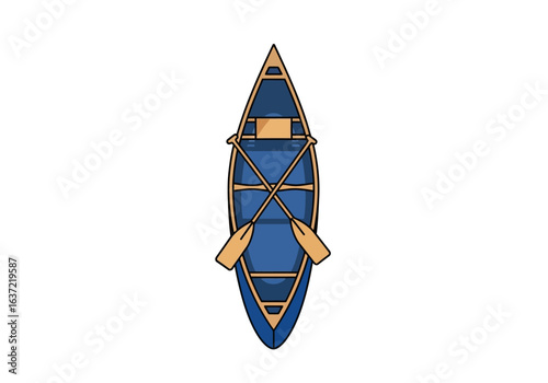 Top-down view of a blue canoe with wooden paddles crossed inside, ready for a water adventure.