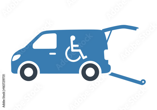 A blue van with a wheelchair symbol and an open ramp, representing accessibility and mobility.