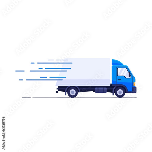 Blue delivery truck in motion, fast delivery concept, modern illustration.