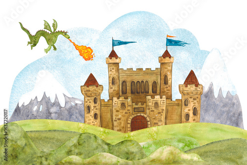 A fairy-tale composition with a flying dragon spewing fire towards an old castle standing among mountains and green hills. Watercolor illustration hand drawn, cartoon. Drawing children's books