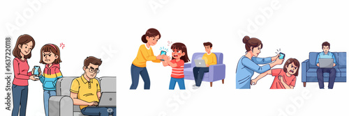 Cartoon Illustration Depicting Parental Control, Limiting Screen Time and Conflict at Home