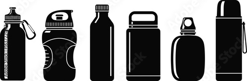 Black silhouette water bottles, reusable drink containers, sports hydration flasks, eco friendly travel mugs, insulated thermos designs, fitness beverage storage illustration set