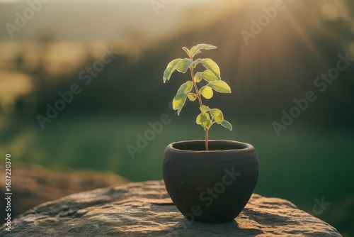 Young plant in a pot on a rock with soft background lighting