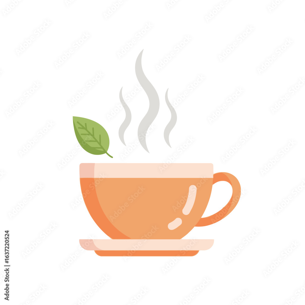 Obraz premium A simple flat icon of a steaming orange teacup on a saucer with a green leaf.