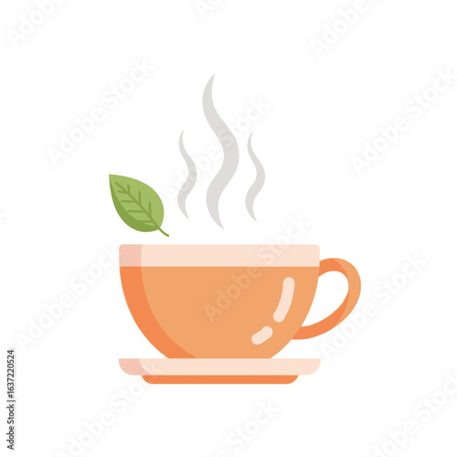 A simple flat icon of a steaming orange teacup on a saucer with a green leaf.