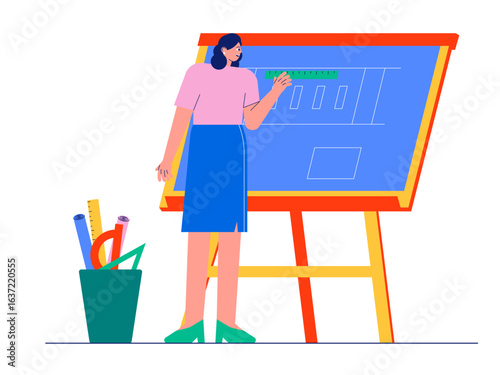 Re-measurement of building drawings made by architects for maximum results. Architect illustration. Cartoon flat vector illustration.