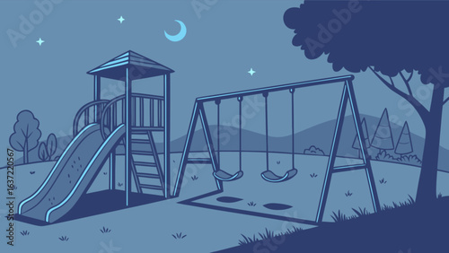 Nighttime playground with swings slide and stars illustration for kids park outdoor recreation design