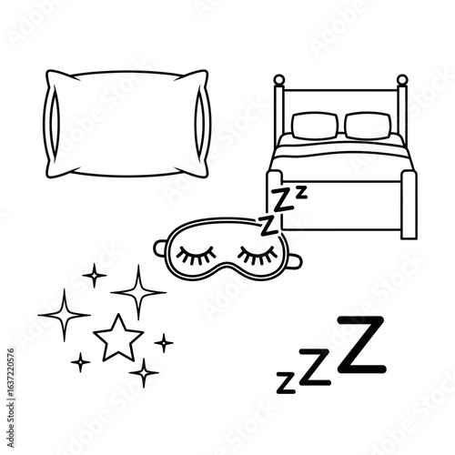 A collection of sleep-related items including a pillow, a bed with two pillows, a sleep mask, and zzz symbols indicating sleep.
