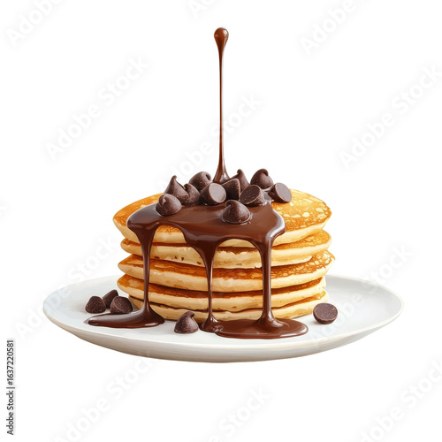 Stack of fluffy pancakes drizzled with chocolate sauce