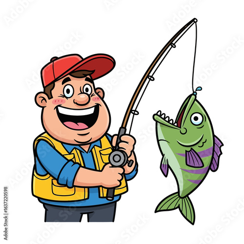 A happy cartoon fisherman wearing a red cap and yellow vest proudly holding a fishing rod with a large green fish caught on the hook.